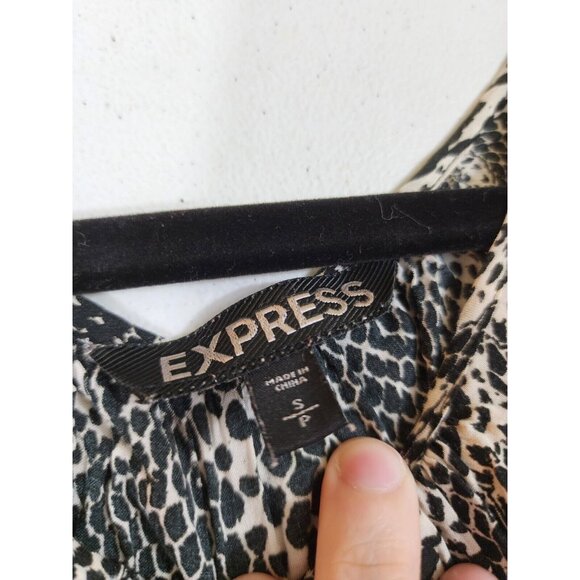 Express Womens S Black Snake Print Short Puff Sleeve Round Neck Tie Front Blouse - Picture 6 of 7